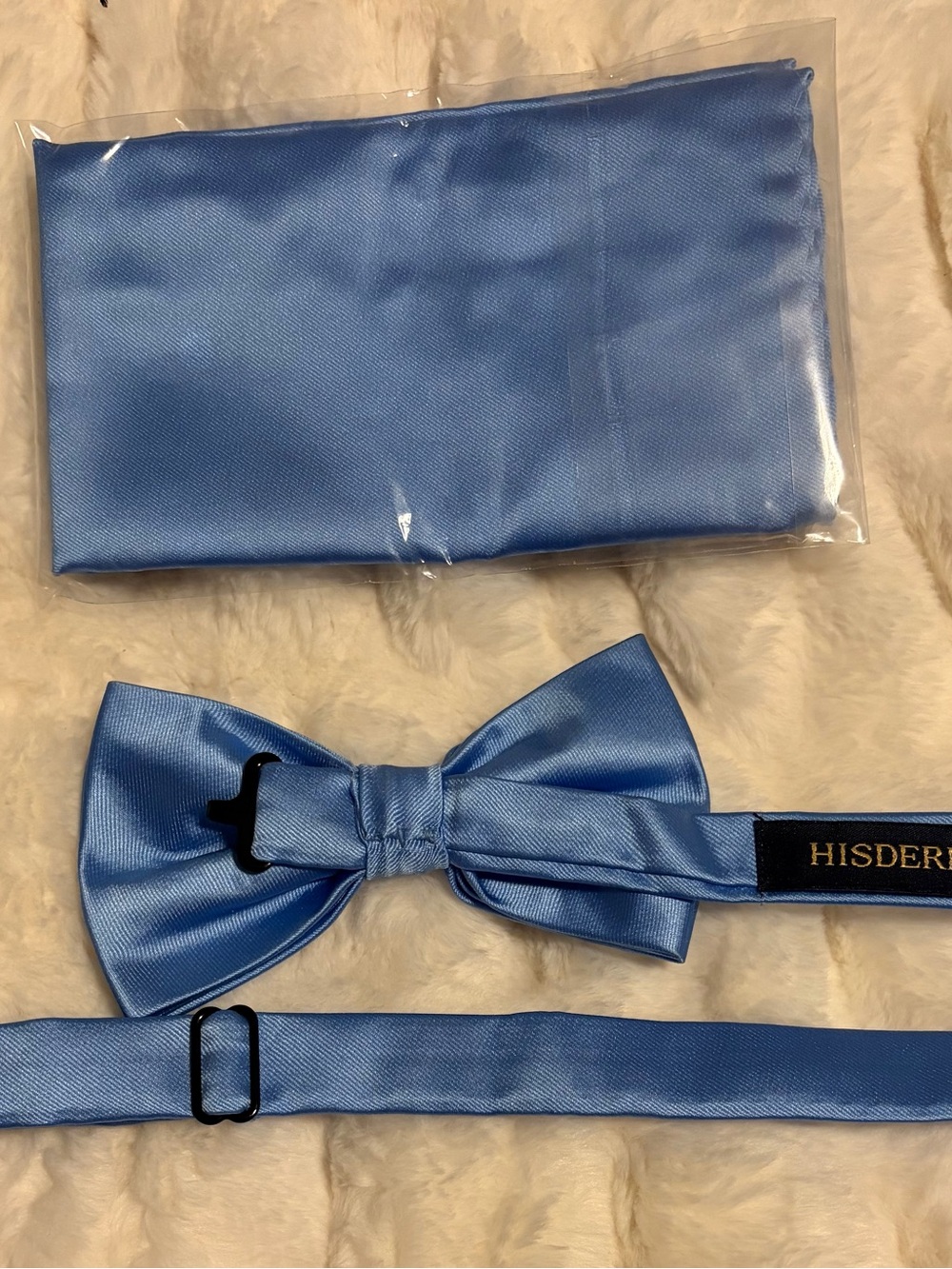 HISDERN Light Blue Satin Bow Tie with Pocket Square